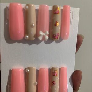 Pink and Nude Press-On Nails with Heart Accents